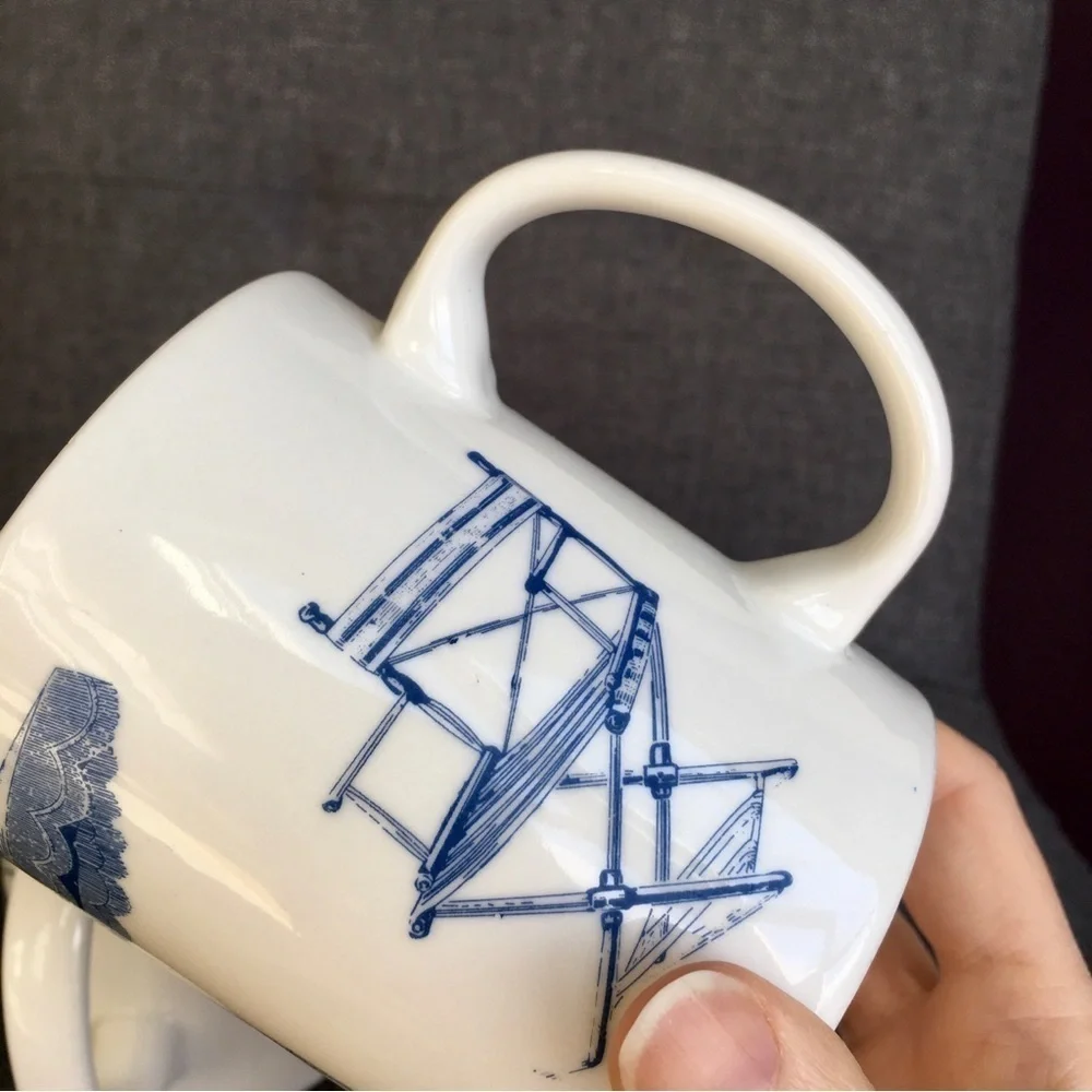 Set/2 Coastal Beach Chair Scene Coffee Mugs, White, Blue, 11 oz
